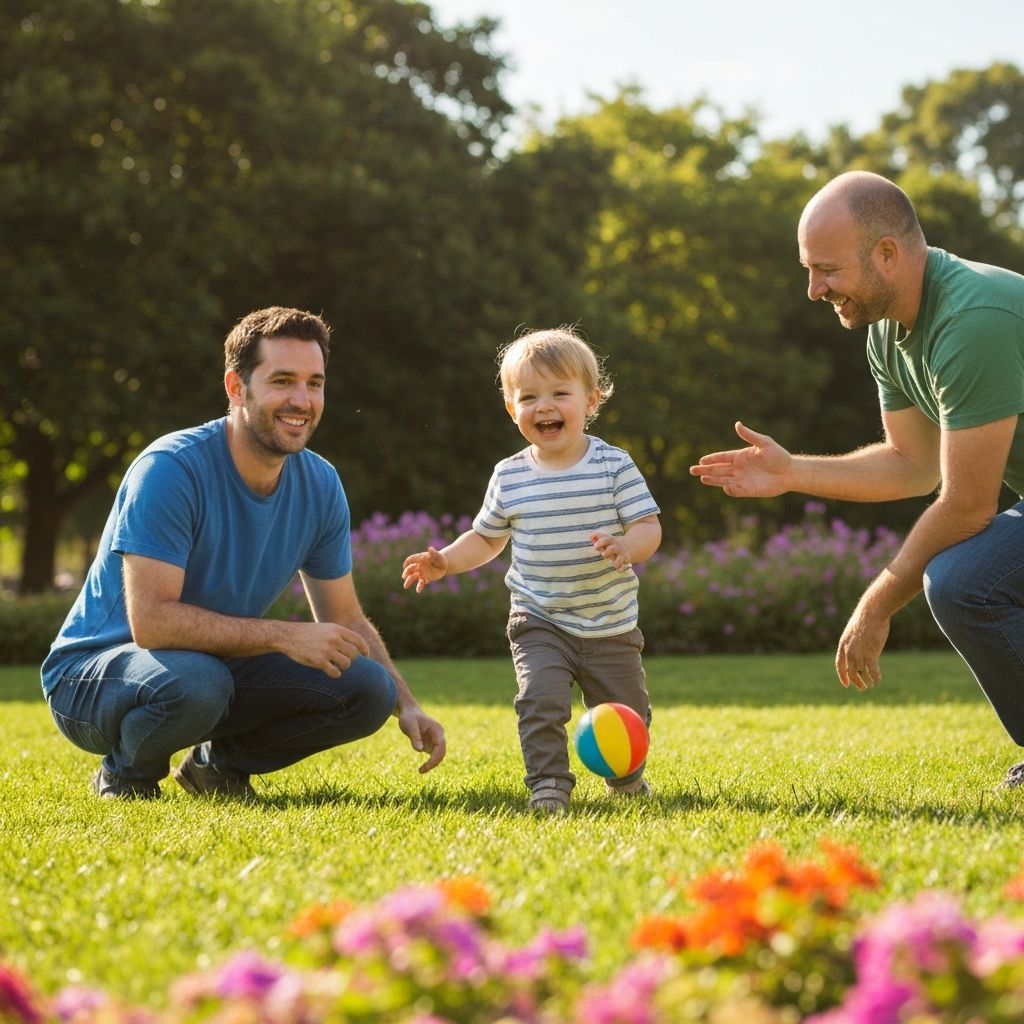 Happy family with two fathers and their child